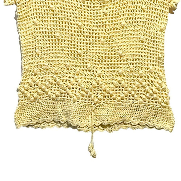 HANDMADE Hand Crafted Crochet Pale Yellow Hand Knitted Y2K Short Sleeve Top - Picture 5 of 8